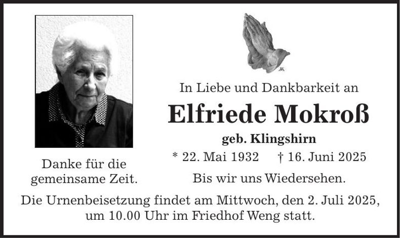 Traueranzeige Elfriede Mokroß
