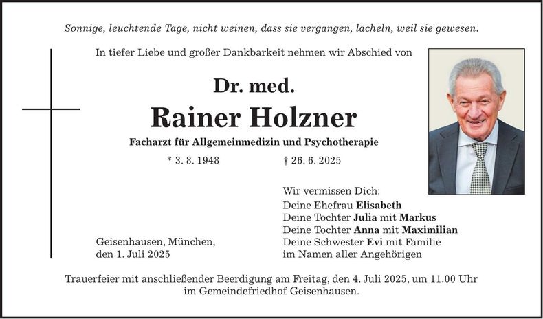 Traueranzeige Rainer Dr. med. Holzner