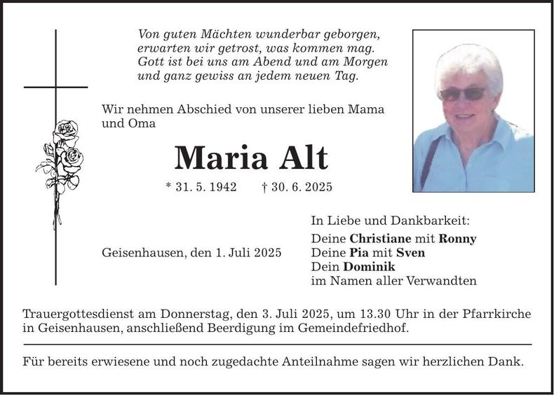 Traueranzeige Maria Alt
