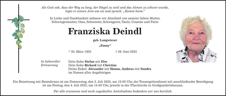 Traueranzeige Franziska Deindl