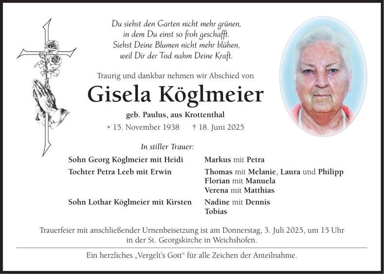 Traueranzeige Gisela Köglmeier