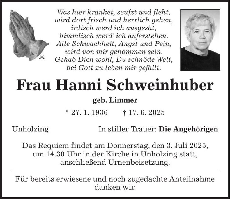 Traueranzeige Hanni Schweinhuber