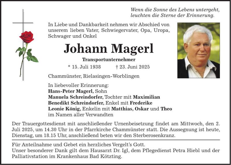 Traueranzeige Johann Magerl