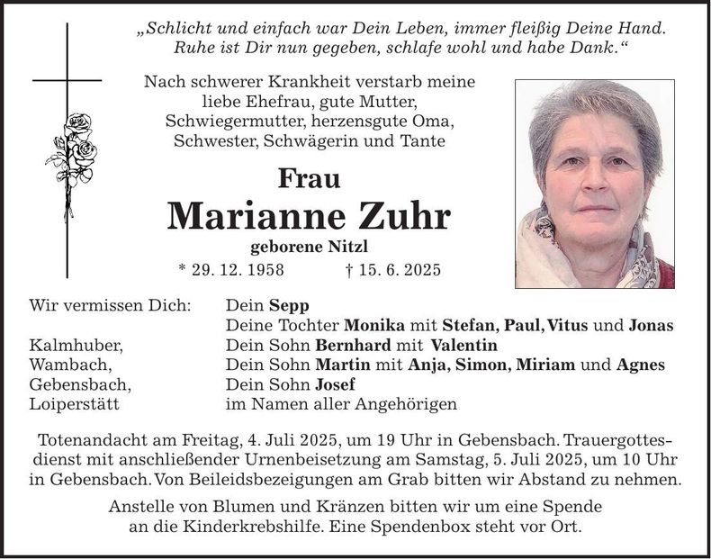 Traueranzeige Marianne Zuhr