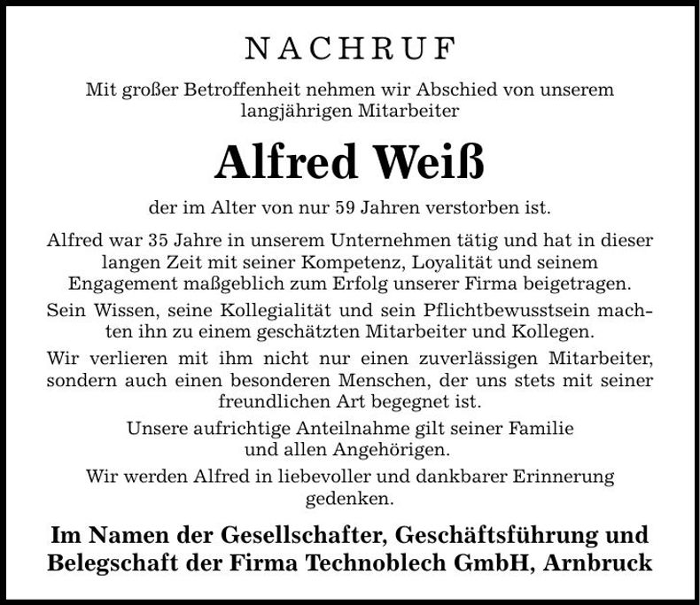 Traueranzeige Alfred Weiß