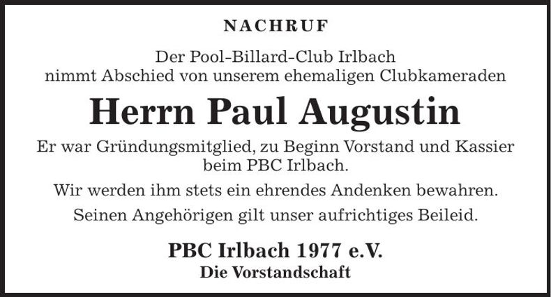 Traueranzeige Paul Augustin
