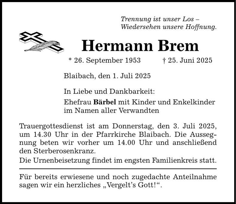 Traueranzeige Hermann Brem