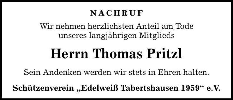 Traueranzeige Thomas Pritzl