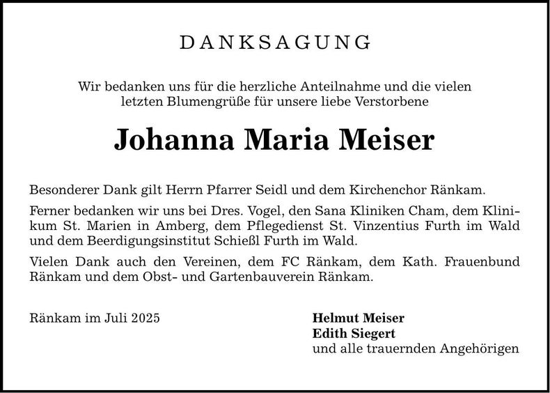 Traueranzeige Johanna Maria Meiser