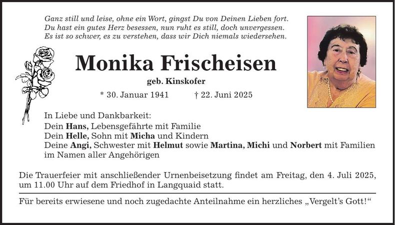 Traueranzeige Monika Frischeisen
