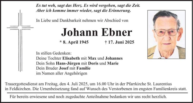 Traueranzeige Johann Ebner