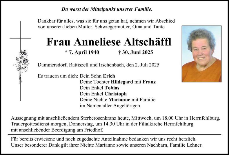 Traueranzeige Anneliese Altschäffl