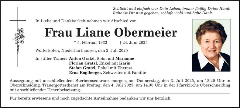 Traueranzeige Liane Obermeier