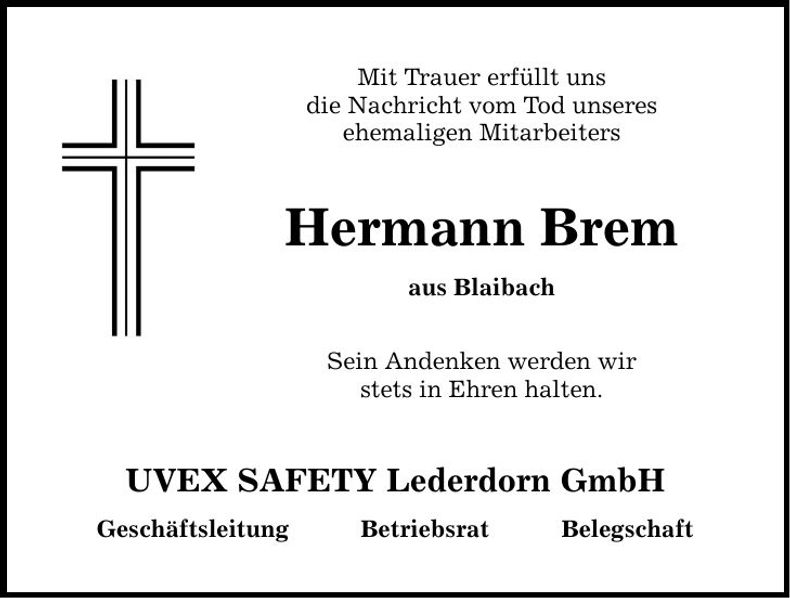 Traueranzeige Hermann Brem