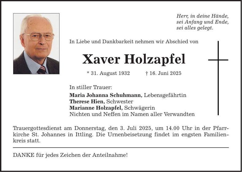 Traueranzeige Xaver Holzapfel