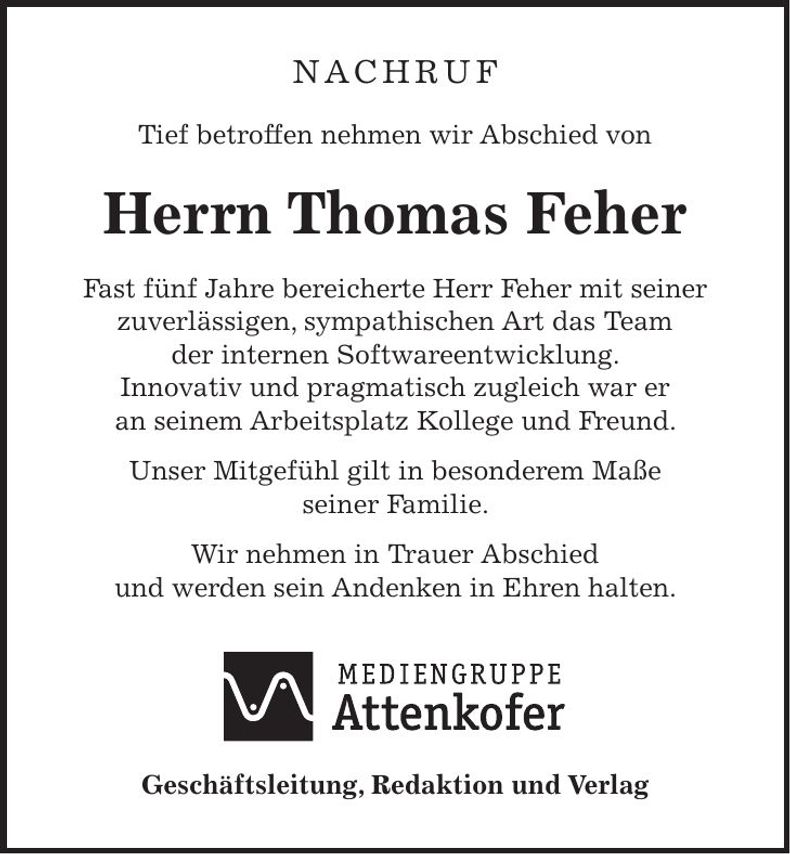 Traueranzeige Thomas Feher