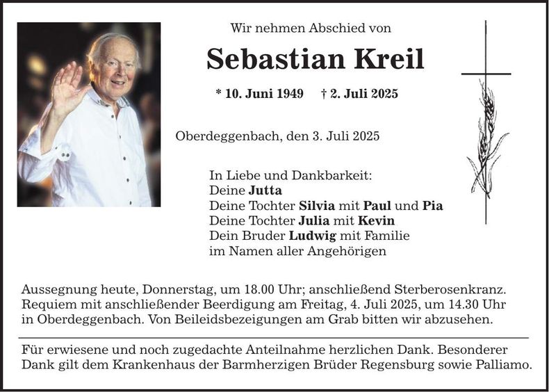 Traueranzeige Sebastian Kreil