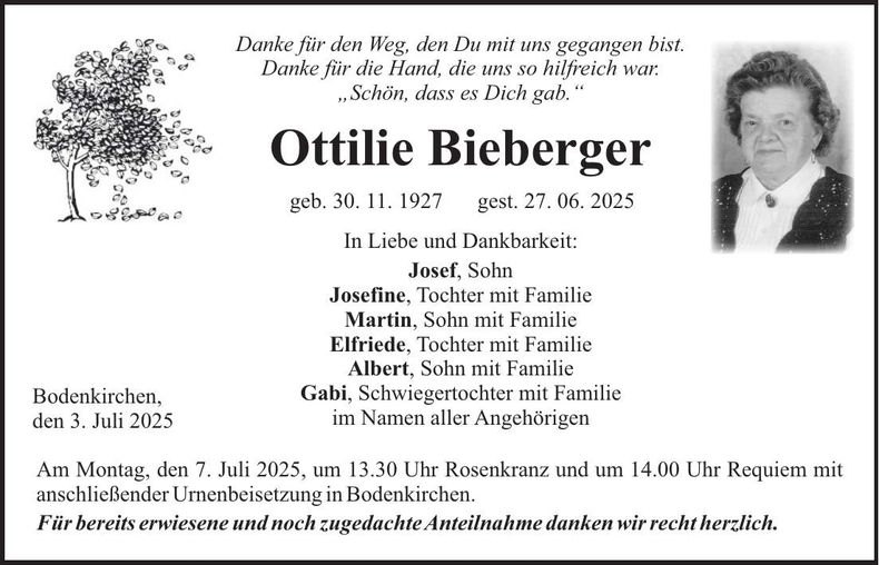 Traueranzeige Ottilie Bieberger