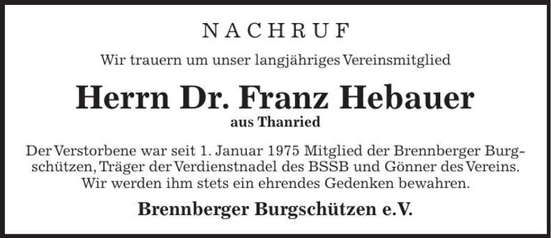 Traueranzeige Dr. Franz Hebauer
