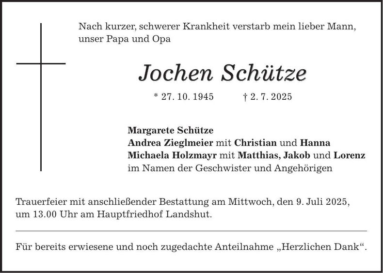 Traueranzeige Jochen Schütze