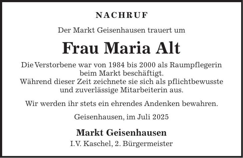 Traueranzeige Maria Alt