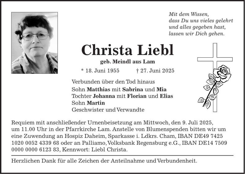 Traueranzeige Christa Liebl