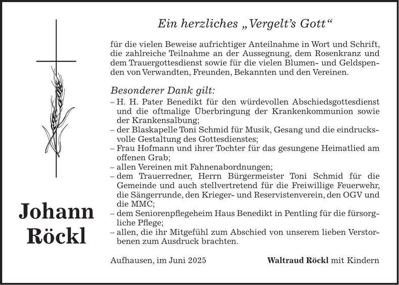 Traueranzeige Johann Röckl