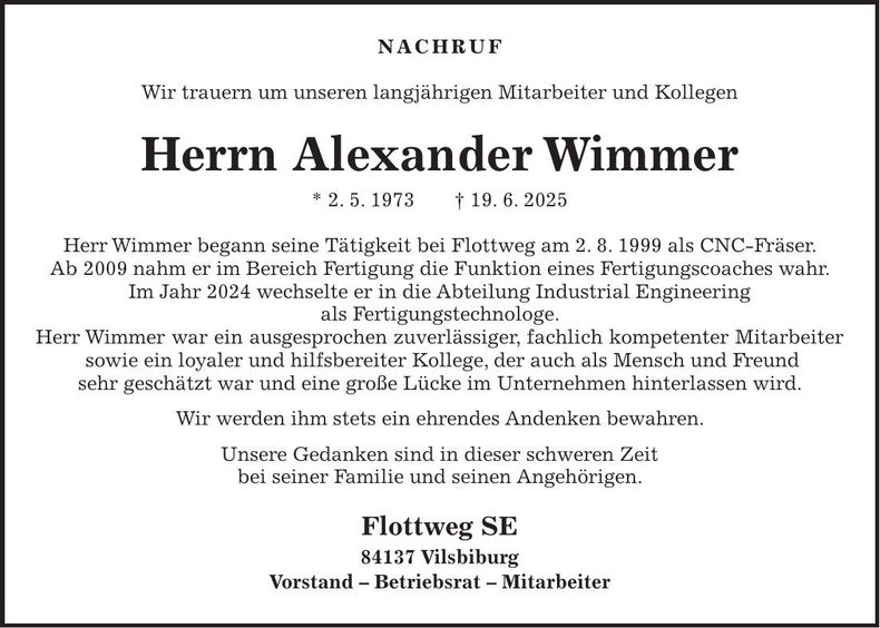Traueranzeige Alexander Wimmer