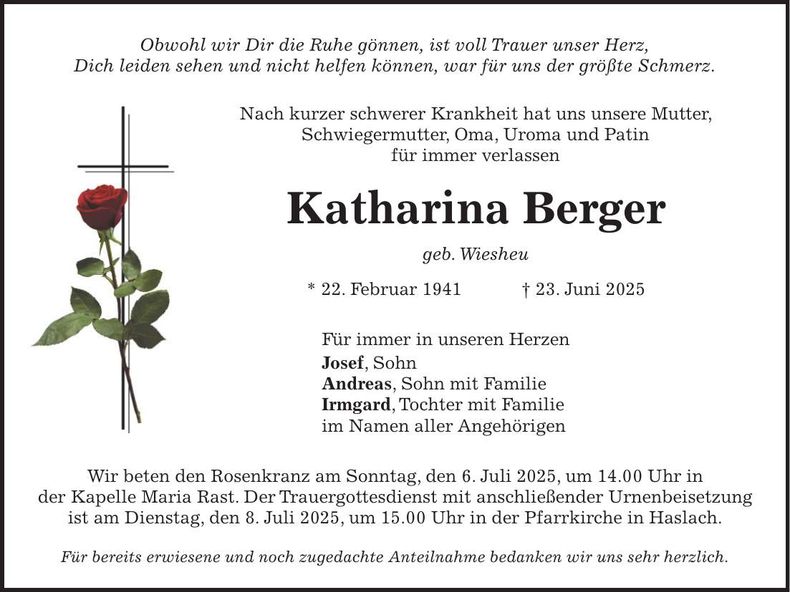 Traueranzeige Katharina Berger