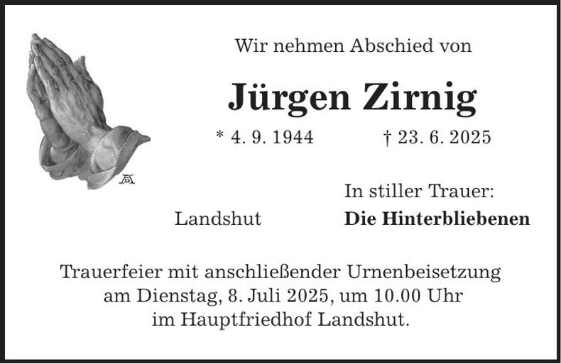Traueranzeige Jürgen Zirnig