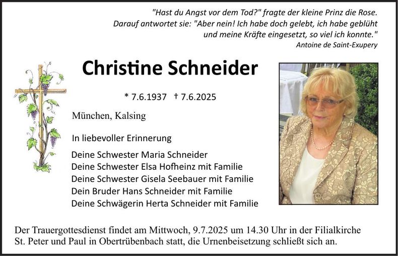 Traueranzeige Christine Schneider
