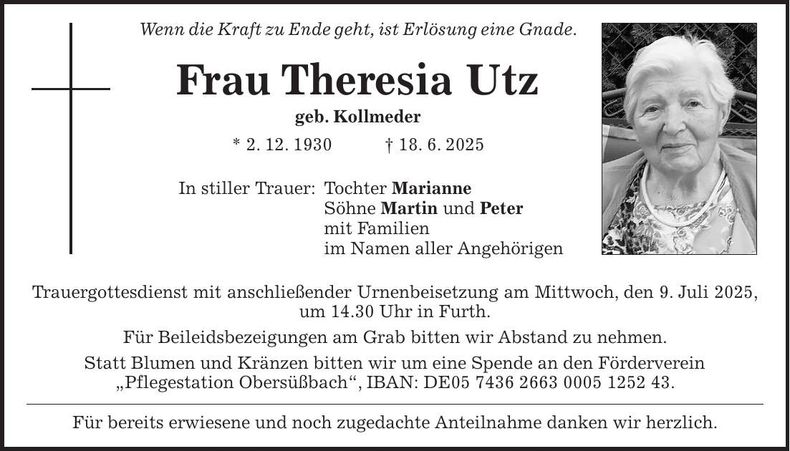 Traueranzeige Theresia Utz