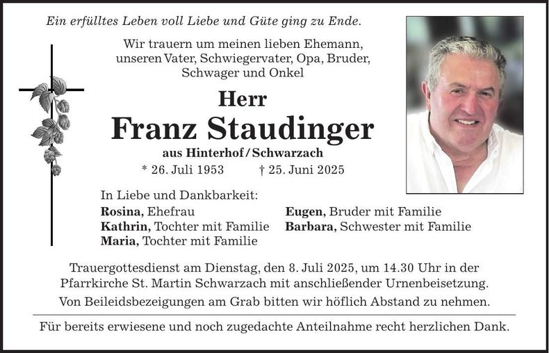 Traueranzeige Franz Staudinger