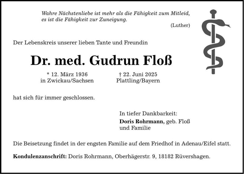 Traueranzeige Gudrun Floß