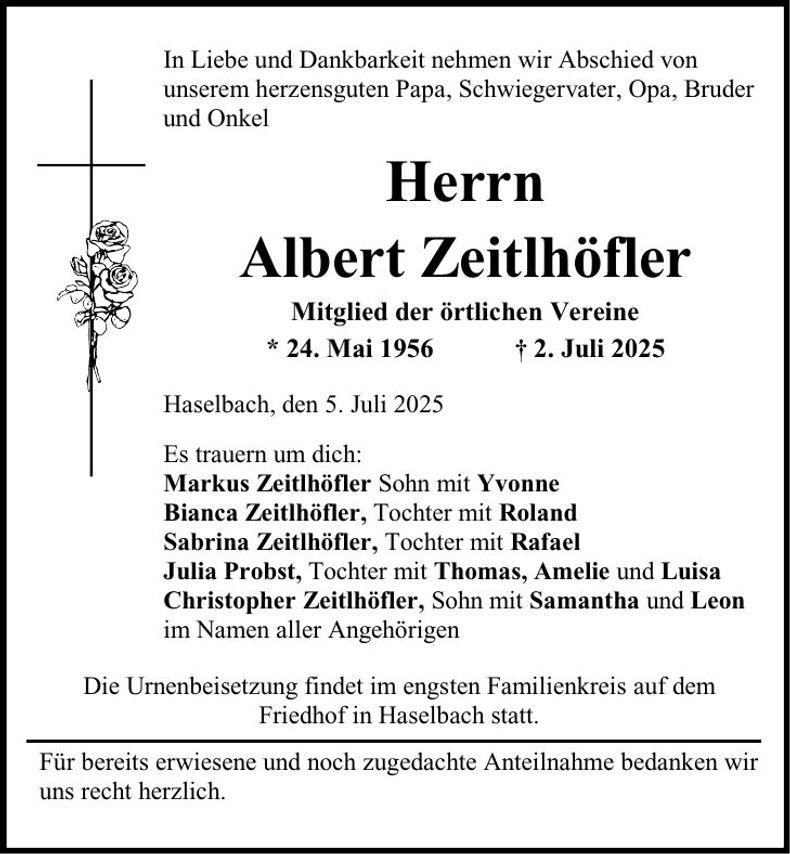 Traueranzeige Albert Zeitlhöfler