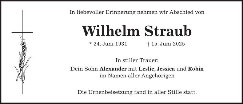 Traueranzeige Wilhelm Straub