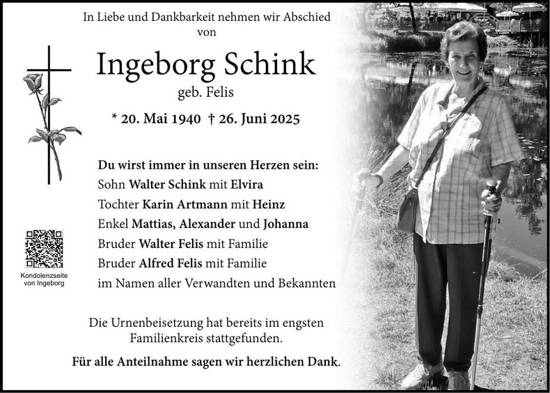 Traueranzeige Ingeborg Schink