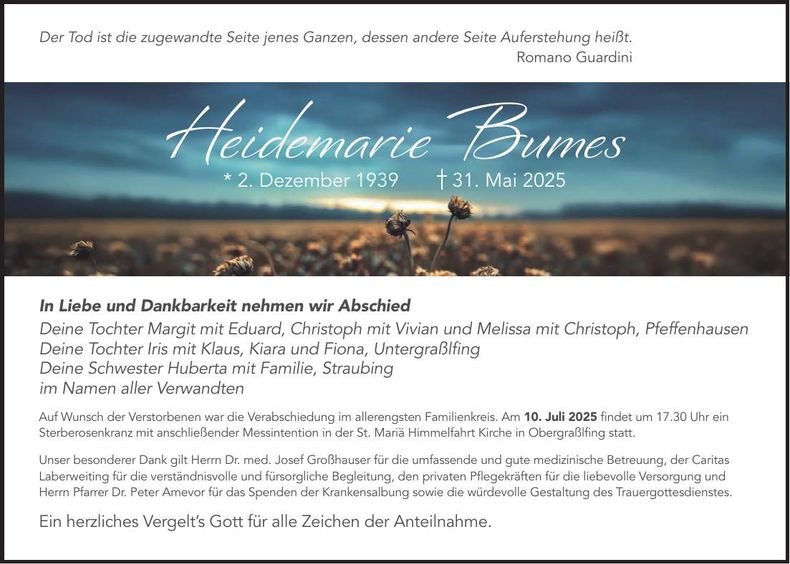 Traueranzeige Heidemarie Bumes