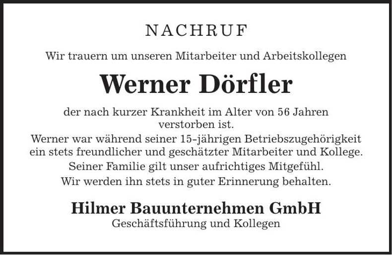 Traueranzeige Werner Dörfler