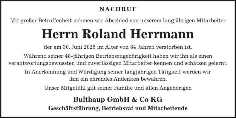 Traueranzeige Roland Herrmann