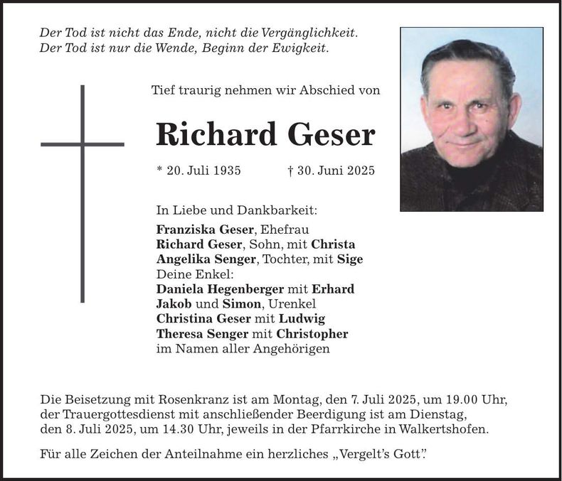 Traueranzeige Richard Geser