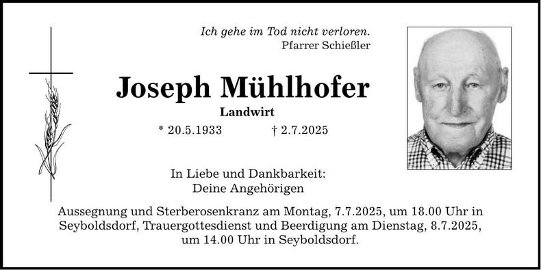 Traueranzeige Joseph Mühlhofer