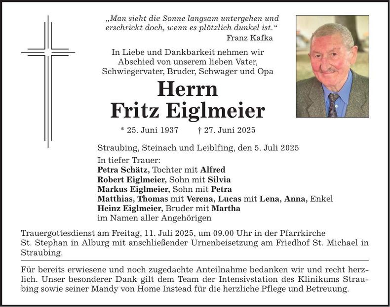 Traueranzeige Fritz Eiglmeier
