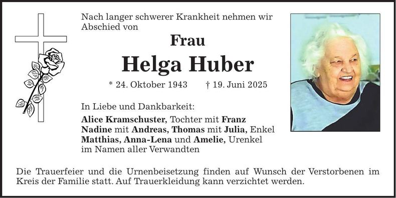 Traueranzeige Helga Huber