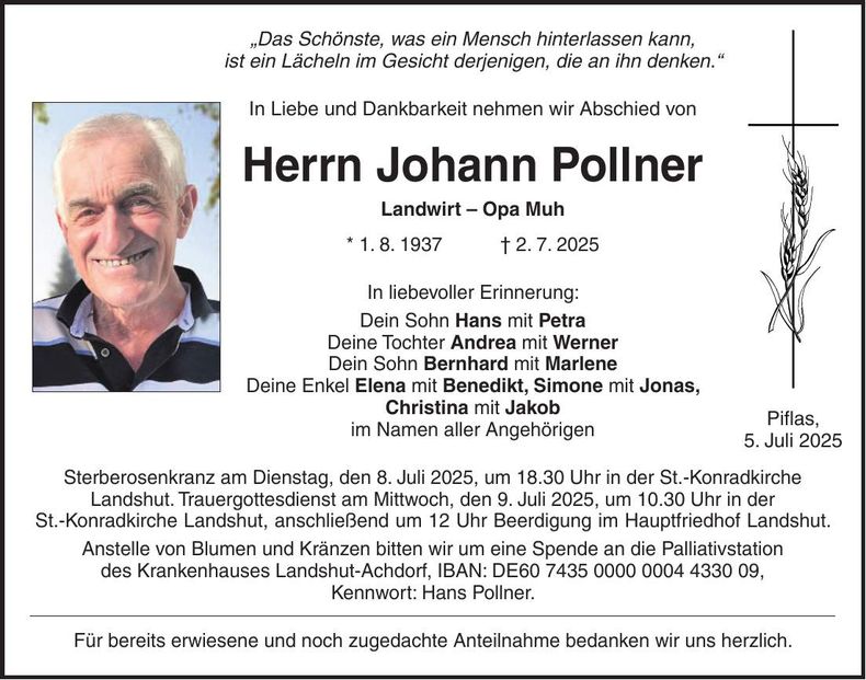 Traueranzeige Johann Pollner