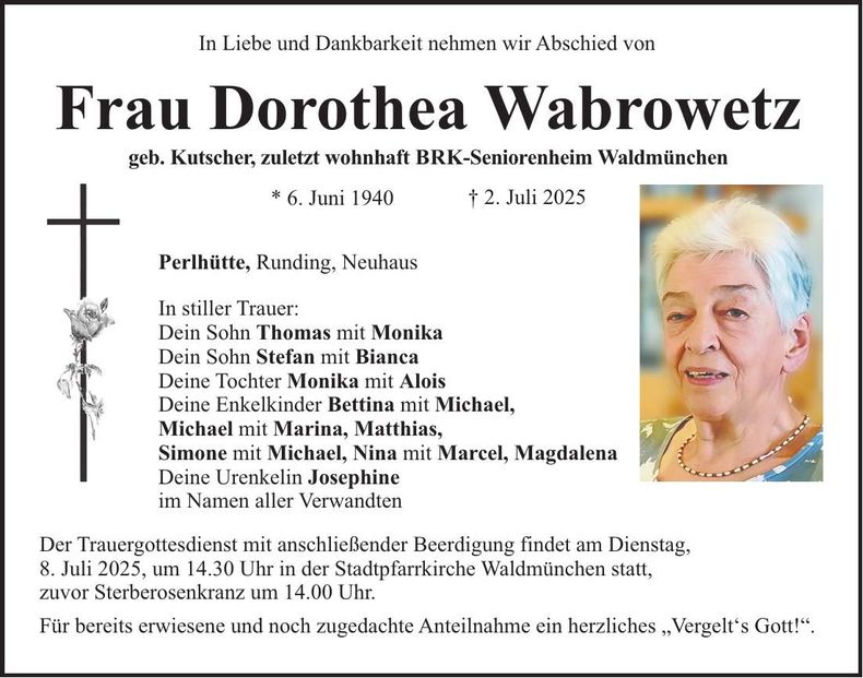 Traueranzeige Dorothea Wabrowetz
