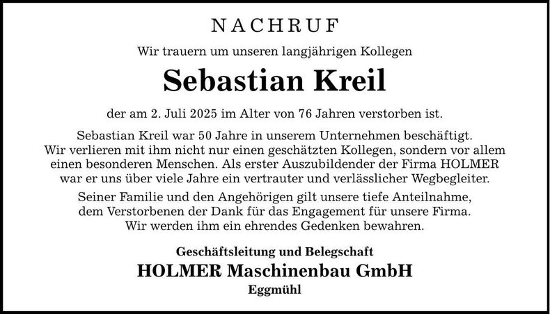 Traueranzeige Sebastian Kreil