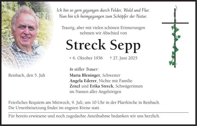 Traueranzeige Sepp Streck