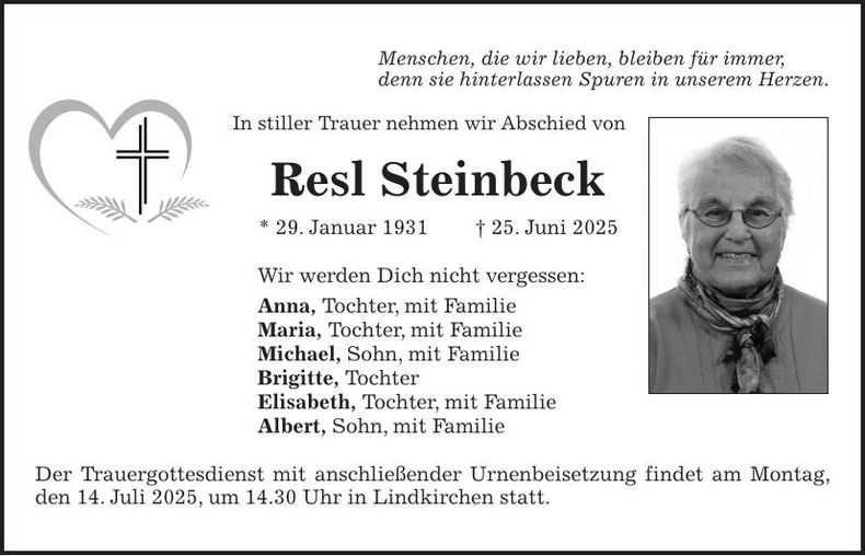Traueranzeige Resl Steinbeck