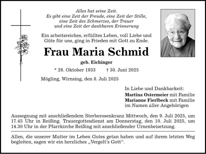 Traueranzeige Maria Schmid